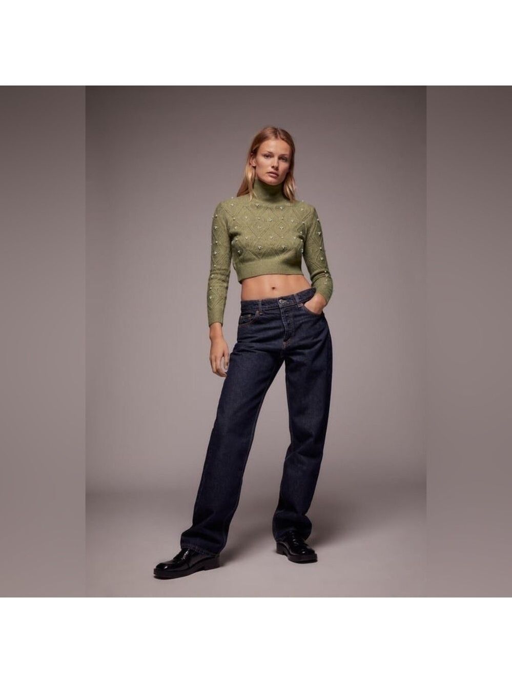 Zara Pearl Embellished Mock Turtle Neck Cropped Knit Sweater - Picture 2 of 11